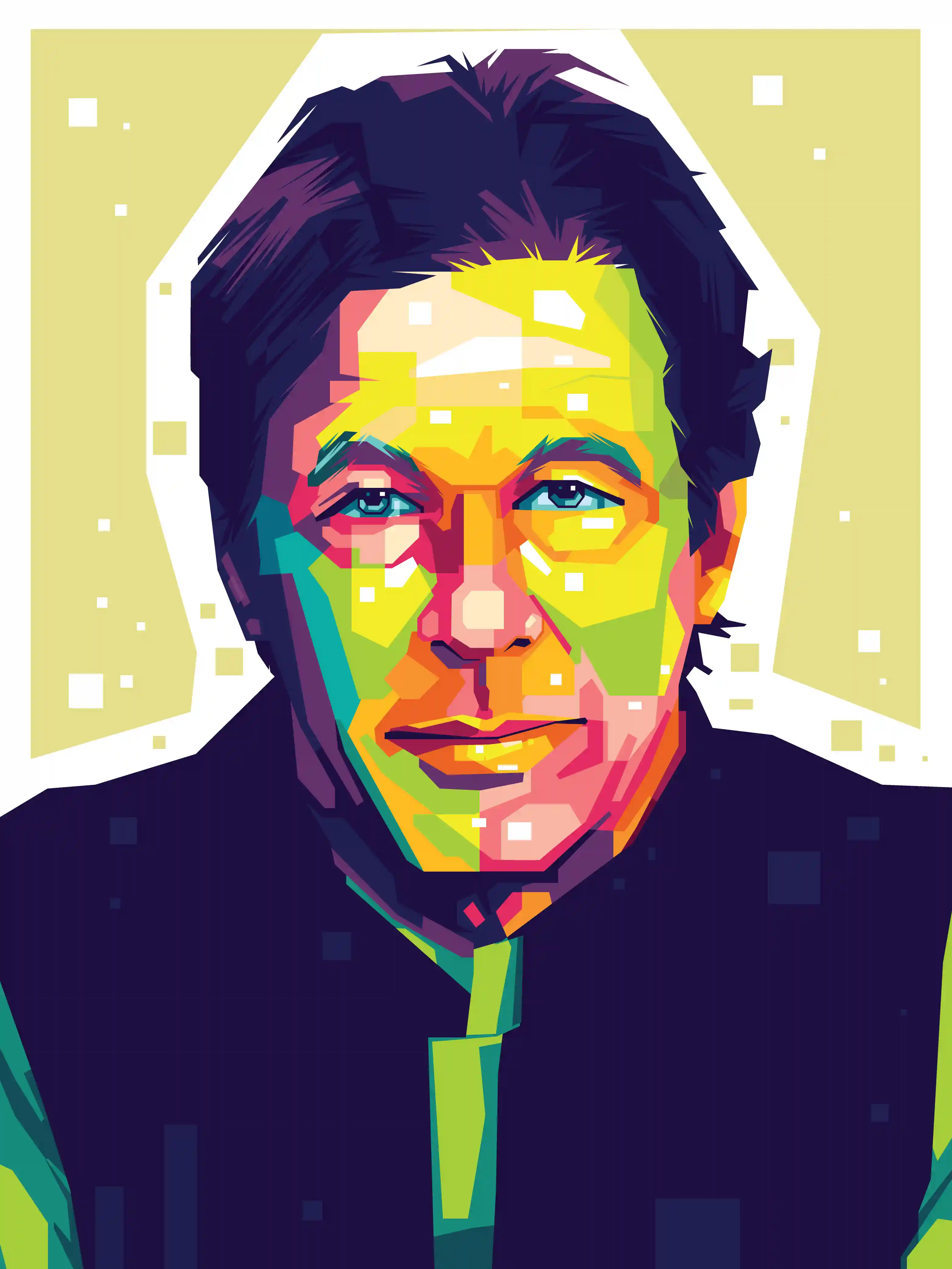 WPAP style portrait of a man with dark hair.